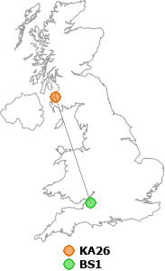 map showing distance between KA26 and BS1