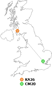 map showing distance between KA26 and CM20
