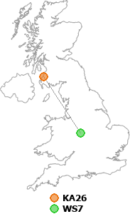 map showing distance between KA26 and WS7
