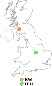 map showing distance between KA6 and LE11