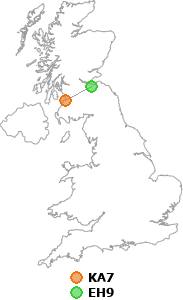 map showing distance between KA7 and EH9