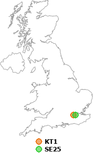 map showing distance between KT1 and SE25