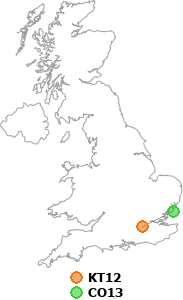 map showing distance between KT12 and CO13