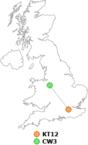 map showing distance between KT12 and CW3