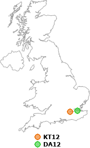 map showing distance between KT12 and DA12