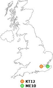 map showing distance between KT12 and ME10