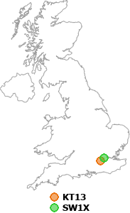 map showing distance between KT13 and SW1X