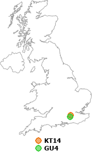 map showing distance between KT14 and GU4
