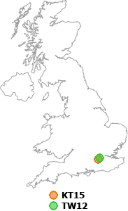 map showing distance between KT15 and TW12
