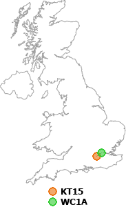 map showing distance between KT15 and WC1A