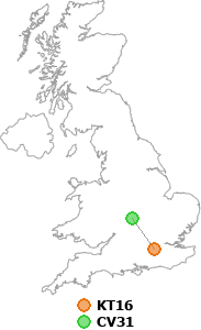map showing distance between KT16 and CV31
