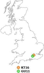 map showing distance between KT16 and GU11