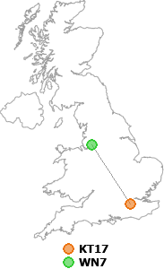 map showing distance between KT17 and WN7