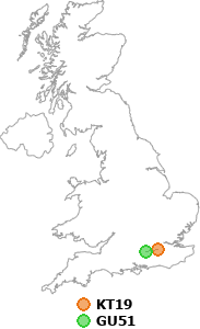 map showing distance between KT19 and GU51