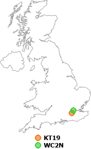 map showing distance between KT19 and WC2N