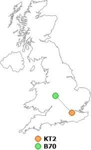 map showing distance between KT2 and B70