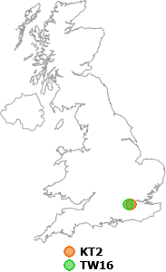 map showing distance between KT2 and TW16