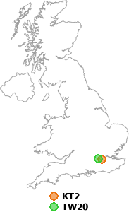 map showing distance between KT2 and TW20