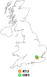 map showing distance between KT2 and UB5