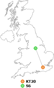 map showing distance between KT20 and S6