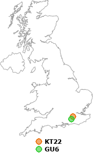map showing distance between KT22 and GU6