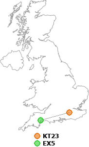 map showing distance between KT23 and EX5