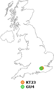 map showing distance between KT23 and GU4