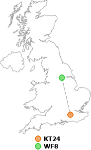 map showing distance between KT24 and WF8