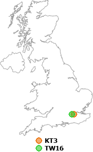 map showing distance between KT3 and TW16