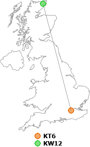 map showing distance between KT6 and KW12