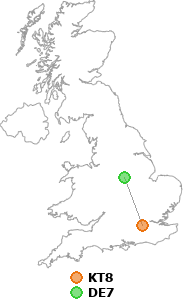 map showing distance between KT8 and DE7