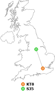 map showing distance between KT8 and S35