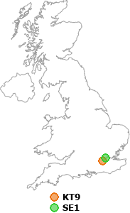 map showing distance between KT9 and SE1