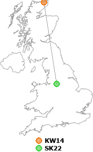 map showing distance between KW14 and SK22