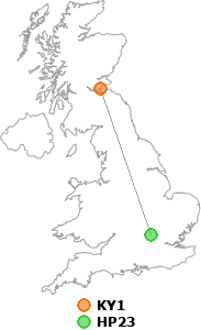 map showing distance between KY1 and HP23