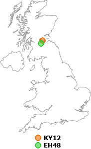 map showing distance between KY12 and EH48