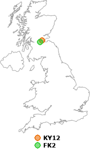 map showing distance between KY12 and FK2