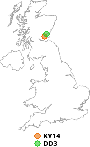 map showing distance between KY14 and DD3