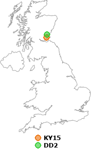 map showing distance between KY15 and DD2