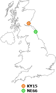 map showing distance between KY15 and NE66