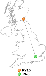 map showing distance between KY15 and TW6