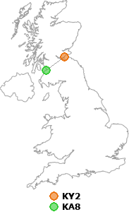 map showing distance between KY2 and KA8