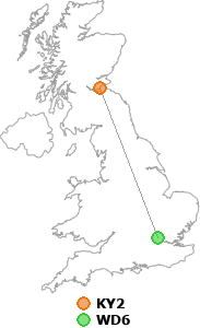 map showing distance between KY2 and WD6