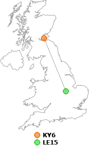 map showing distance between KY6 and LE15