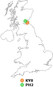 map showing distance between KY8 and PH2