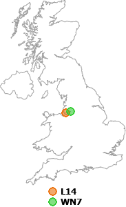 map showing distance between L14 and WN7