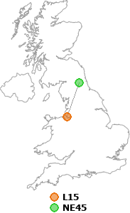 map showing distance between L15 and NE45