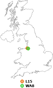 map showing distance between L15 and WA8