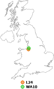 map showing distance between L24 and WA10