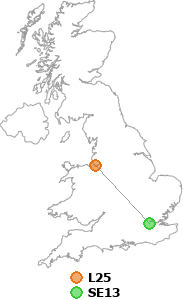 map showing distance between L25 and SE13
